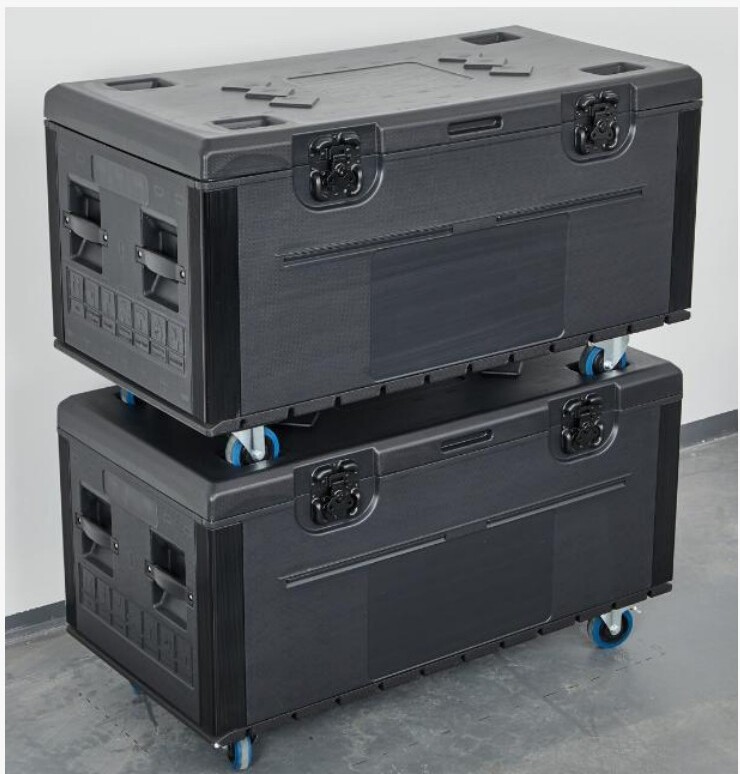 Stacked PE flight cases ready for AV transport